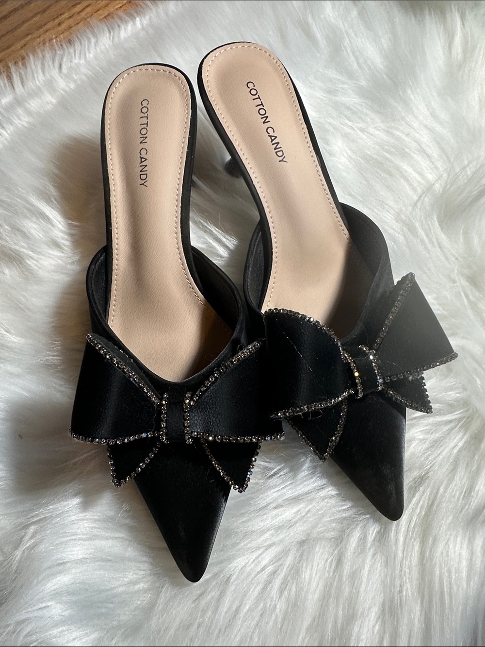 Cotton Candy Black Pointed-Toe Mules with Rhinestone Bow